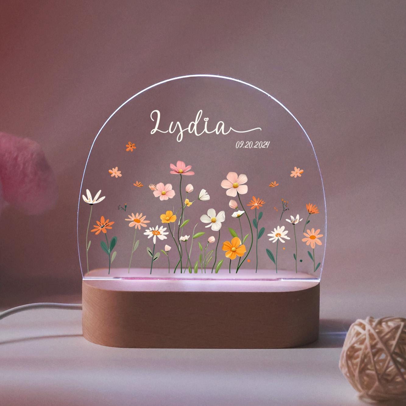 Personalised Cute Bunny Floral Night Light, LED Lamp for Baby Girls, Custom Floral Plaque with Name, Nursery Decor, Baptism Baby Shower Gift