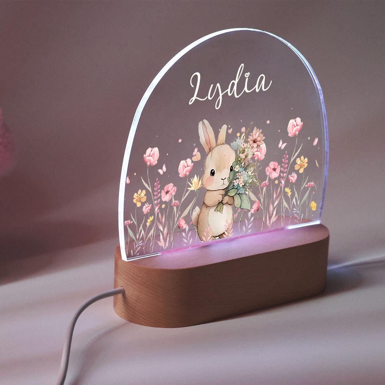 Personalised Cute Bunny Floral Night Light, LED Lamp for Baby Girls, Custom Floral Plaque with Name, Nursery Decor, Baptism Baby Shower Gift