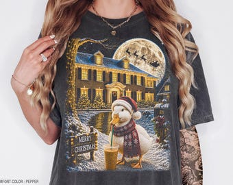 Camiseta navideña con estampado de patos y café helado, sudadera acogedora de invierno con diseño de animales, regalo para amantes de los patos.
