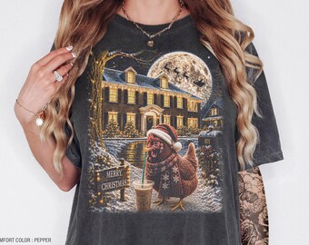 Camiseta navideña con gallina bebiendo café helado, sudadera divertida de invierno con animales para las fiestas, regalo para amantes de las gallinas