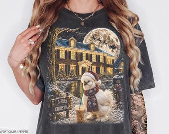 Camiseta navideña con estampado de gallina sedosa y café helado, sudadera divertida de invierno con animales para las fiestas, regalo para amantes de las gallinas.
