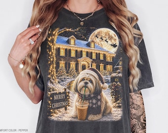 Camiseta navideña con estampado de perro Lhasa Apso y café helado, sudadera divertida de invierno con animales para las fiestas, regalo para mamás de perros.