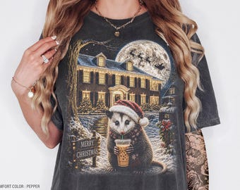 Camiseta navideña de zarigüeya con café helado, sudadera divertida de invierno con animales para las fiestas, regalo para amantes de las zarigüeyas