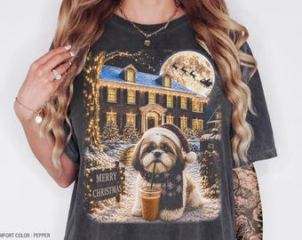 Camiseta navideña con diseño de perro Shih Tzu y café helado, sudadera divertida de invierno con animales para las fiestas, regalo para mamás de perros.
