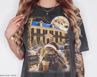 Camiseta navideña con estampado de tortuga y café helado, sudadera acogedora de invierno con diseño de animales, regalo para amantes de las tortugas.