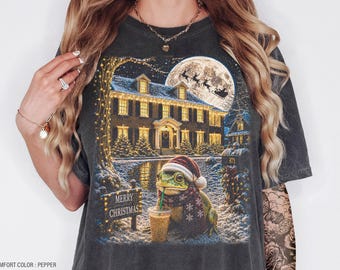 Camiseta navideña con estampado de rana y café helado, sudadera acogedora de invierno con diseño de animales, regalo para amantes de las ranas.