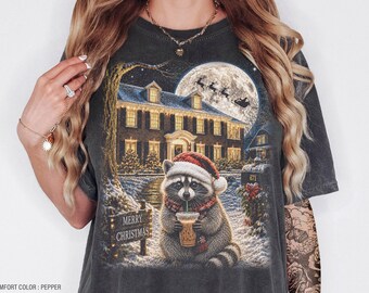 Camiseta navideña de mapache con café helado, sudadera navideña divertida de animales para invierno, regalo para amantes de los mapaches