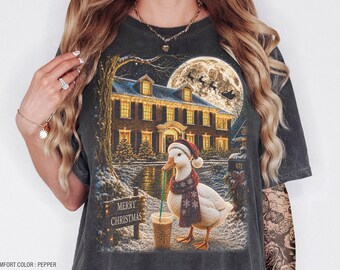 Camiseta navideña con diseño de ganso y café helado, sudadera acogedora de invierno con animales, regalo para amantes de los gansos.
