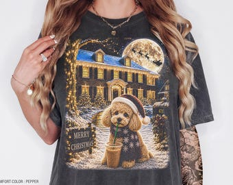 Camiseta navideña de caniche de juguete con café helado, sudadera divertida de invierno con animales para las fiestas, regalo para mamás de perros
