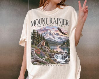 Camiseta del Parque Nacional Mount Rainier, Washington, estilo retro de montaña, ideal para senderismo, camping y viajes.