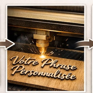Könnte beinhalten: Eine dreistufige Prozessgrafik mit einem Texteingabefeld 'Ici, écris TA phrase', einem Laserschneider, der 'Votre Phrase Personnalisée' in Holz graviert, und dem fertigen Holzschriftzug, der an einer Wand mit Dekoration präsentiert wird.