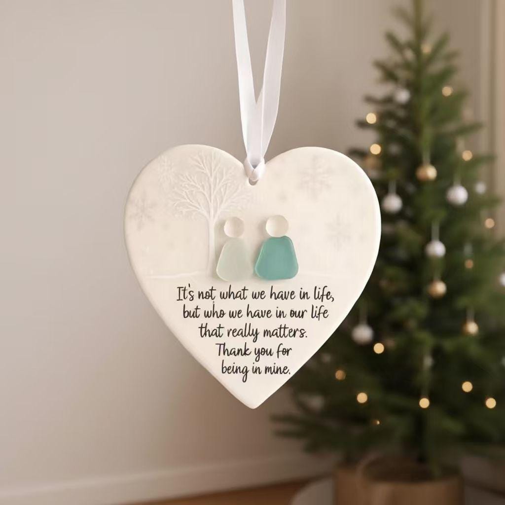 Heart Sea Glass Friendship Ornament, Timeless Friendship Ceramic Heart Keepsake, Christmas Tree Hanging Gift, Available in 2 Language