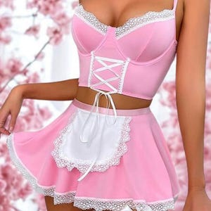 Pink Fantasy Maid Lingerie Set with Apron and Garter, Sexy Cosplay Costume, Women&#39;s Bedroom Outfit, Cute Roleplay Lingerie Set