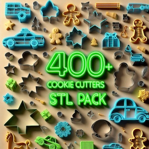 May include: A collection of cookie cutters in various shapes, including stars, cars, gingerbread men, and gift boxes. The image features the text "400+ Cookie Cutters STL Pack" in neon green. The cutters are in various colors, including blue, green, and gold.