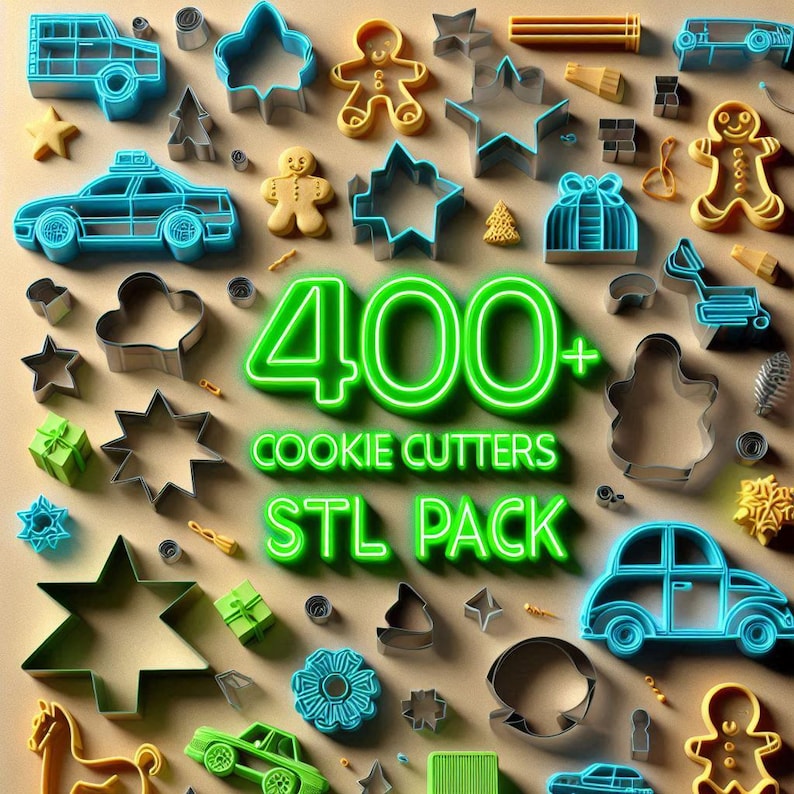 May include: A collection of cookie cutters in various shapes, including stars, cars, gingerbread men, and gift boxes. The image features the text "400+ Cookie Cutters STL Pack" in neon green. The cutters are in various colors, including blue, green, and gold.