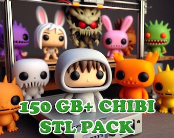May include: A collection of colorful chibi-style figurines, including bunnies, monsters, and a figure in a hooded outfit. The figurines are arranged on a shelf and a 3D printer. The text "150 GB+ CHIBI STL PACK" is displayed.