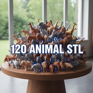 May include: A collection of 3D-printed animal figurines, including lions, giraffes, elephants, and zebras, arranged on a round wooden table. The text "120 ANIMAL STL" is displayed in a blue and white font. The figurines are in various shades of brown, gray, and white.