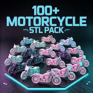 May include: A collection of 3D-rendered motorcycles in various pastel colors, including pink, blue, and purple. The image features the text "100+ MOTORCYCLE - STL PACK" in a bold, turquoise font, suggesting a digital product.