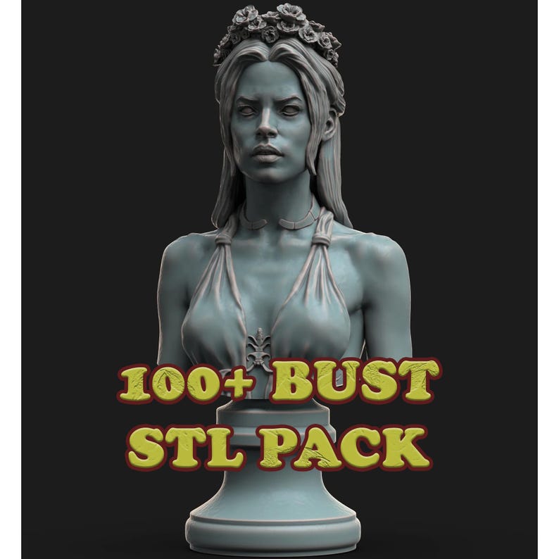 May include: A 3D-rendered bust of a woman with long hair, a floral crown, and a draped top. The bust is a pale blue-gray color and is mounted on a pedestal. Text on the image reads "100+ BUST STL PACK" in yellow and red.