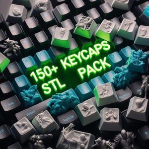 May include: A selection of custom keycaps in various colours and designs, including sculpted figures and detailed patterns. The image features a keyboard with the text "150+ KEYCAPS PACK STL" in bright green.