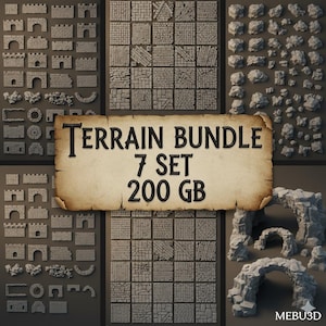 Può includere: Una collezione di elementi di terreno stampati in 3D per giochi da tavolo. Il set include vari muri in pietra, archi, formazioni rocciose e motivi per pavimenti piastrellati. Il testo "Terrain Bundle 7 Set 200 GB" è presente.
