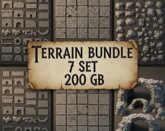 May include: A collection of 3D-printed terrain pieces for tabletop gaming. The set includes various stone walls, archways, rock formations, and tiled floor designs. The image features the text "Terrain Bundle 7 Set 200 GB".