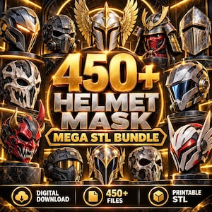 May include: A digital collection of 450+ helmet mask STL files for 3D printing. The display features various designs including sci-fi, fantasy, samurai, and skull-themed helmets arranged in a grid with gold text reading 450+ HELMET MASK MEGA STL BUNDLE.
