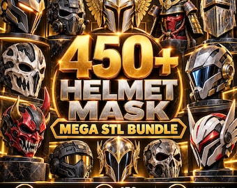Può includere: Una collezione digitale di oltre 450 file STL di maschere e caschi per stampa 3D. L'immagine mostra vari design, inclusi caschi fantascientifici, fantasy, samurai e a forma di teschio, con il testo 450+ HELMET MASK MEGA STL BUNDLE.