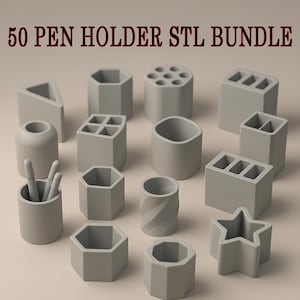 May include: A collection of gray pen holders in various geometric shapes, including triangles, hexagons, and cylinders. Some holders have multiple compartments, while others are single containers. The text "50 PEN HOLDER STL BUNDLE" is at the top.