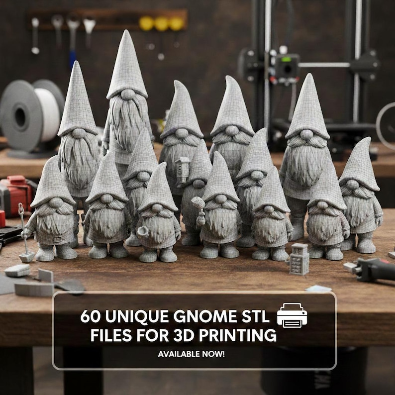 Pu&ograve; includere: Una collezione di statuette di gnomi grigi con lunghe barbe e cappelli a punta. Gli gnomi sono di varie dimensioni e tengono in mano attrezzi e oggetti. Il testo sull'immagine recita "60 UNIQUE GNOME STL FILES FOR 3D PRINTING AVAILABLE NOW!"