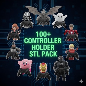 May include: A collection of character-themed controller holders, including Darth Vader, a dragon, a ghost, and Kirby, each holding a black game controller. The image also features the text "100+ CONTROLLER HOLDER STL PACK" in green.