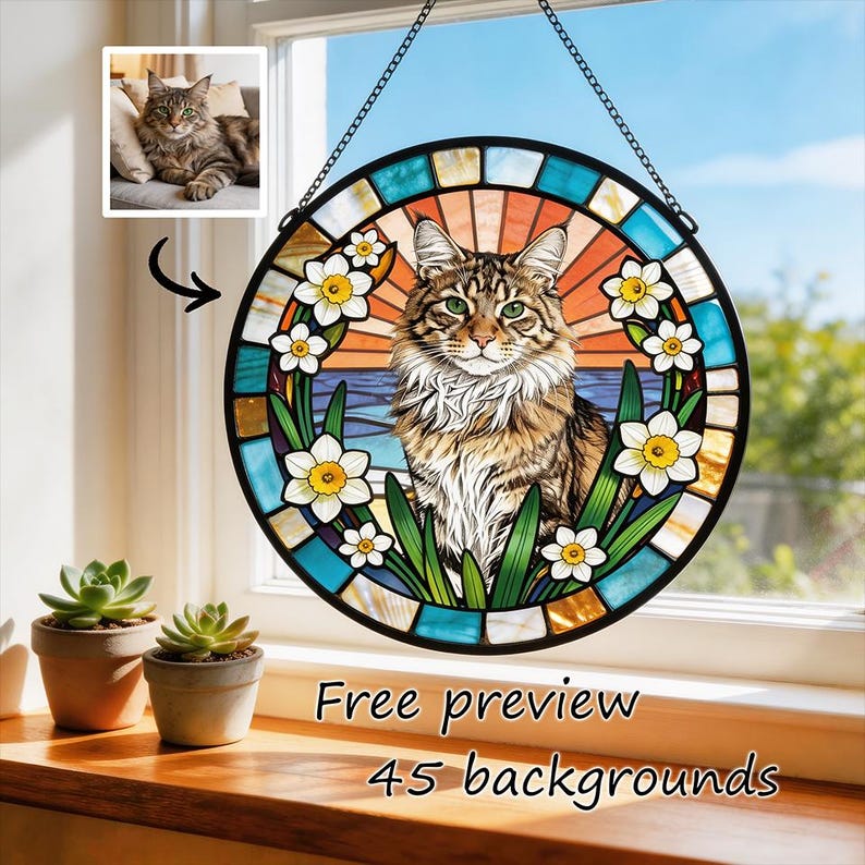 May include: A circular stained glass window depicting a tabby cat, framed by white daffodils and green foliage. The background shows a sunset over the sea. The text "Free preview 45 backgrounds" is at the bottom.