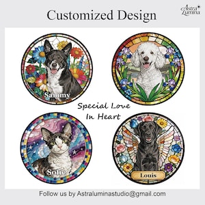 May include: Four circular pet portraits in a stained-glass style. The image includes a black and white dog named Sammy, a white poodle, a cat named Sofie, and a black Labrador named Louis. Text reads "Customized Design" and "Special Love In Heart".
