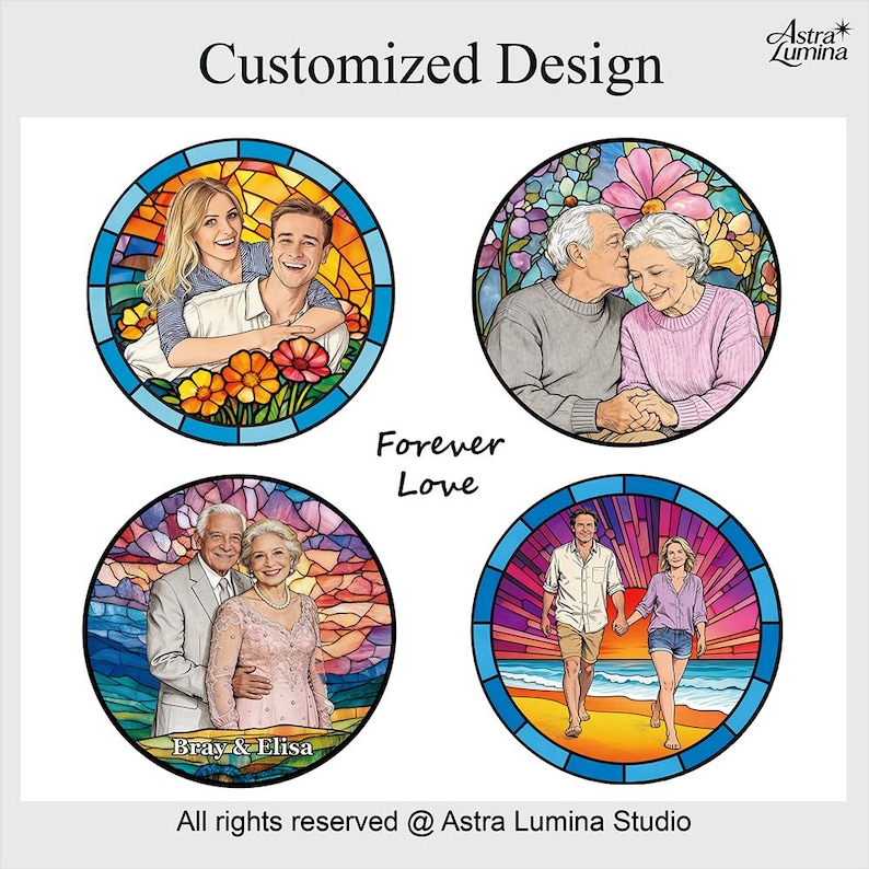 Może przedstawiać: Cztery okrągłe projekty w stylu witrażu przedstawiające pary oraz napisy "Customized Design" i "Forever Love". Projekty obejmują pary w r&oacute;żnym wieku, z kwiatowym i plażowym tłem. Widoczny jest r&oacute;wnież tekst "Bray & Elisa".