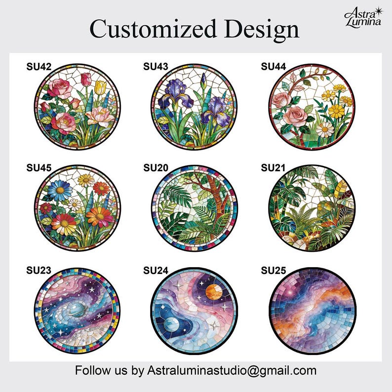 May include: Nine circular stained glass designs are displayed, each with a distinct mosaic pattern. The designs include floral arrangements, tropical foliage, and celestial themes. The text "Customized Design" is at the top, with the seller's contact details at the bottom.