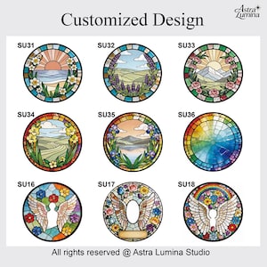 May include: Nine circular stained glass designs are displayed, each with a different landscape or abstract pattern. The designs include scenes of sunsets, mountains, fields, and floral arrangements. The text "Customized Design" and "All rights reserved @ Astra Lumina Studio" are also visible.