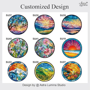 May include: Nine circular stained glass designs showcasing nature scenes. Designs include landscapes, flowers, and sunsets, with vibrant colours and intricate details. The text "Customized Design" and "Design by @ Astra Lumina Studio" are also visible.