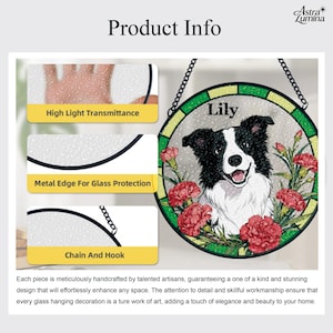 May include: Circular stained glass hanging decoration with a black and white dog named Lily, framed by red flowers. It has a metal edge for glass protection and a chain for hanging. The text "High Light Transmittance" and "Chain And Hook" are also visible.