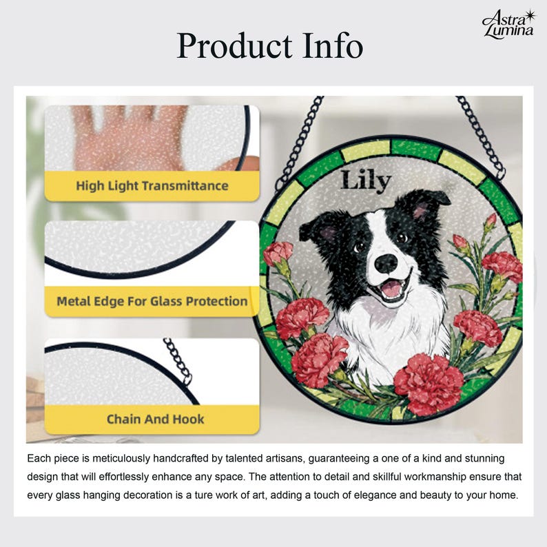May include: Circular stained glass hanging decoration with a black and white dog named Lily, framed by red flowers. It has a metal edge for glass protection and a chain for hanging. The text "High Light Transmittance" and "Chain And Hook" are also visible.