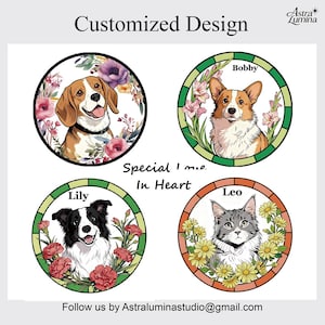 May include: Customised design with four pet portraits: a beagle, a corgi named Bobby, a border collie named Lily, and a cat named Leo. Each pet is framed by flowers in a circular design. The text "Special I me. In Heart" is also visible.