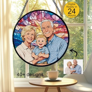 May include: A round stained glass window with a family portrait. The image features a smiling elderly couple and a young child. The background is a colorful mosaic pattern. The text "Digital Ready in 24 Hours" is visible. The text "40+ designs" is also visible.