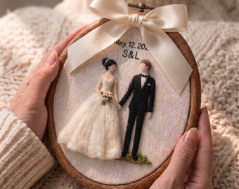Custom Wool Felt wedding Portrait Hoop, unique Handmade engagement Gift, Photo to Art anniversary Gift, Cottagecore decor, wool decor