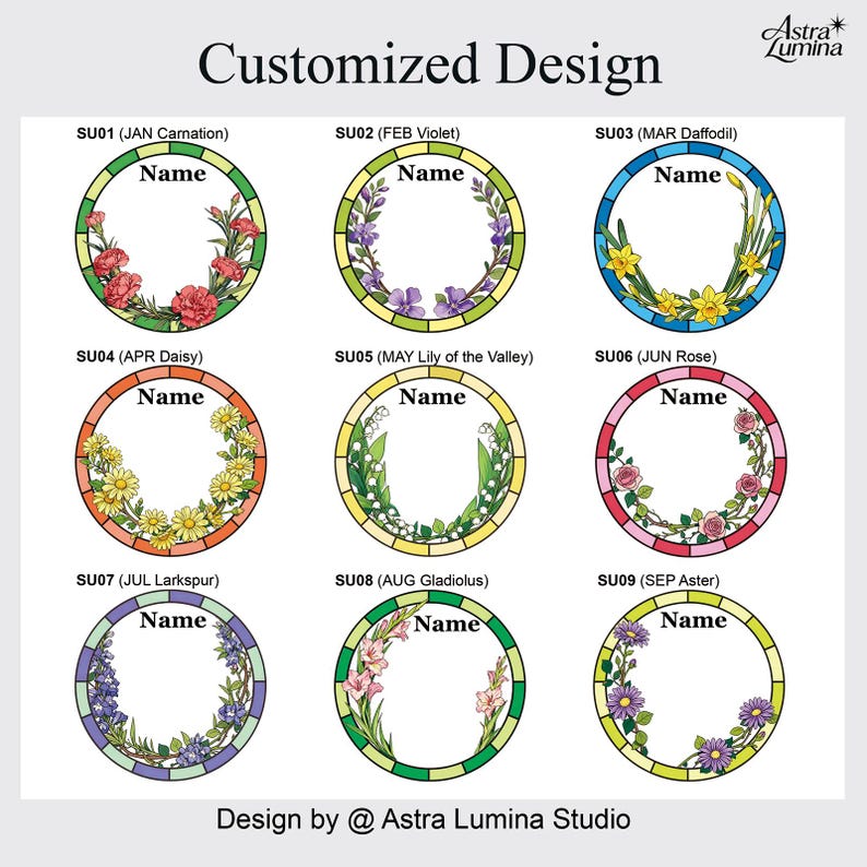 May include: Nine circular floral designs, each representing a month, featuring flowers such as carnations, violets, daffodils, and roses. Each design includes space for a name. The text "Customized Design" is at the top of the image, with the designer's name at the bottom.