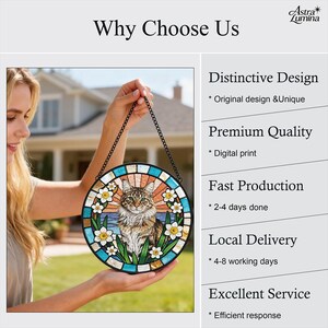 May include: A circular stained glass panel depicting a cat, flowers, and a blue and orange backdrop. The artwork is suspended by a chain. The image includes the text "Why Choose Us" and the brand name "Astra Lumina".