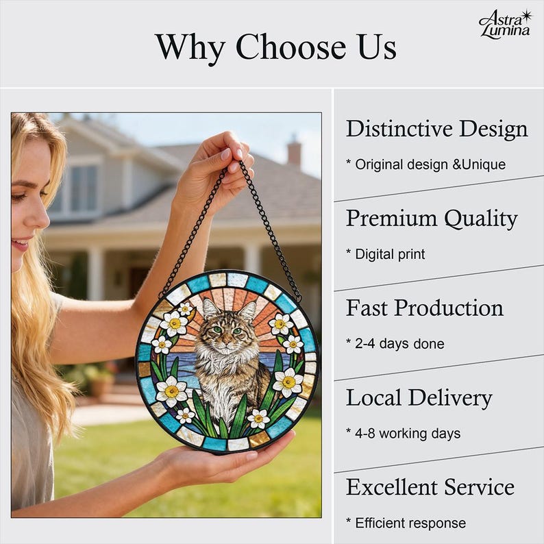 May include: A circular stained glass panel depicting a cat, flowers, and a blue and orange backdrop. The artwork is suspended by a chain. The image includes the text "Why Choose Us" and the brand name "Astra Lumina".
