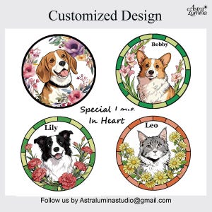 Może przedstawiać: Spersonalizowany projekt z czterema portretami zwierząt: beagle, corgi o imieniu Bobby, border collie o imieniu Lily i kot o imieniu Leo. Każde zwierzę otoczone jest elementami kwiatowymi w okrągłej ramie. Widoczny jest r&oacute;wnież tekst "Special I me. In Heart".