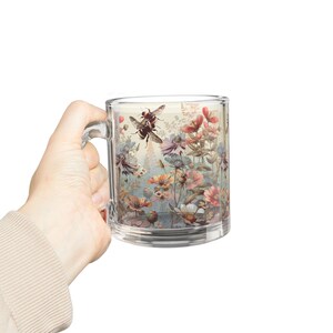 Floral Bee Glass Mug, 10oz | Nature Lover Gift | Tea or Coffee Cup | Floral Decor | Botanical Mug | Garden Party Essential