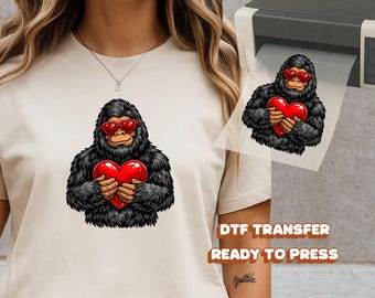 Bigfoot Sasquatch DTF Transfer Ready to Press Edgy Valentine Heart Sunglasses Heat Iron On Decal Valentines Day Gift Funny Shirt Art DIY
