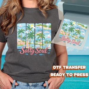 Salty Soul DTF Transfer Tropical Coastal Scene with Boats and Palm Trees Ready to Press Heat Transfer for Summer Beach Shirt Gift Idea
