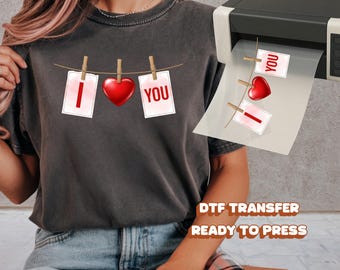 I Love You DTF Transfer Ready to Press Red Heart Valentine Heat Iron On Decal Hanging Cards Day Gift for Couples Anniversary DIY Shirt Art